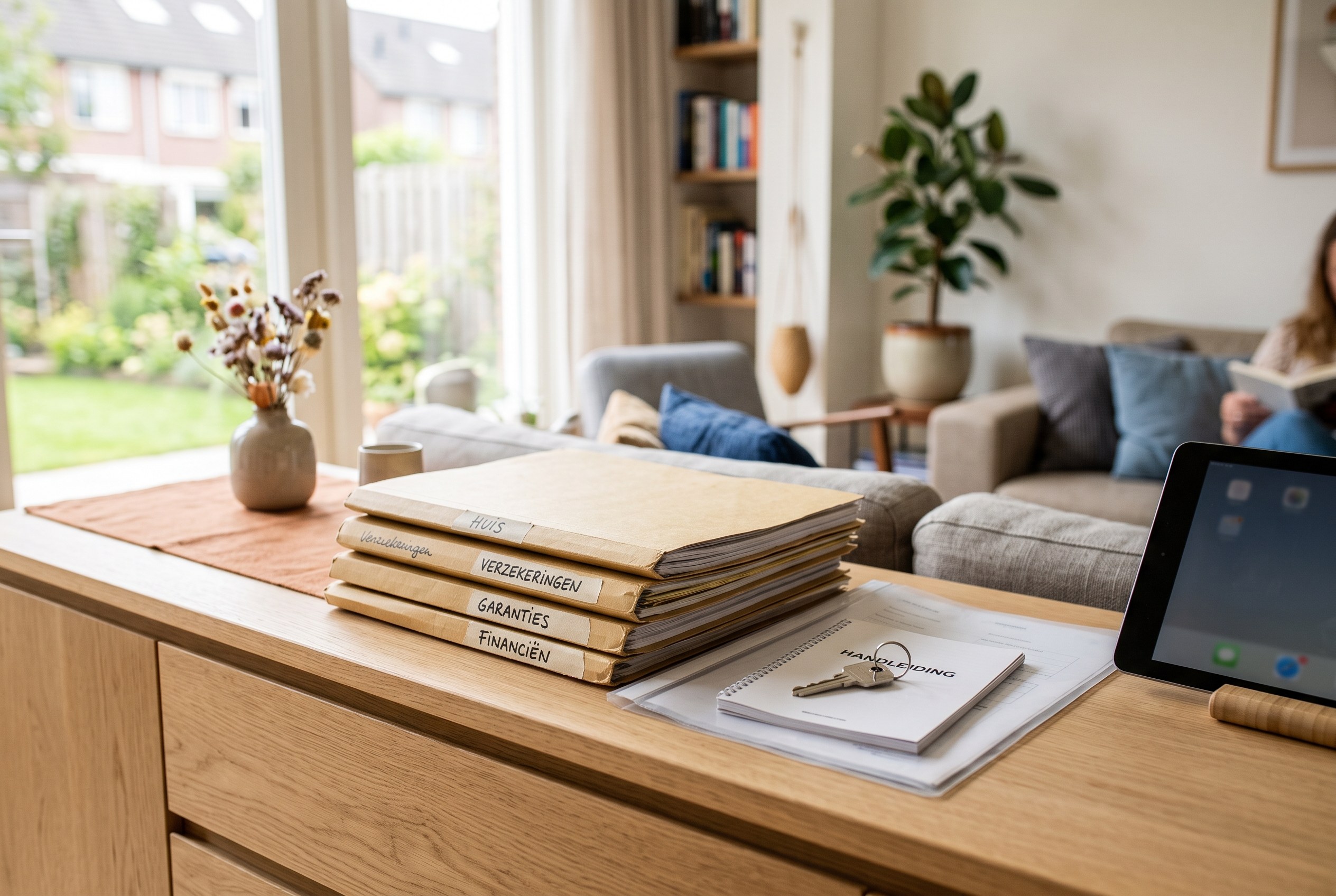 Mappen met verzekeringen, garanties en handleidingen naast een huissleutel in een Nederlandse woonkamer