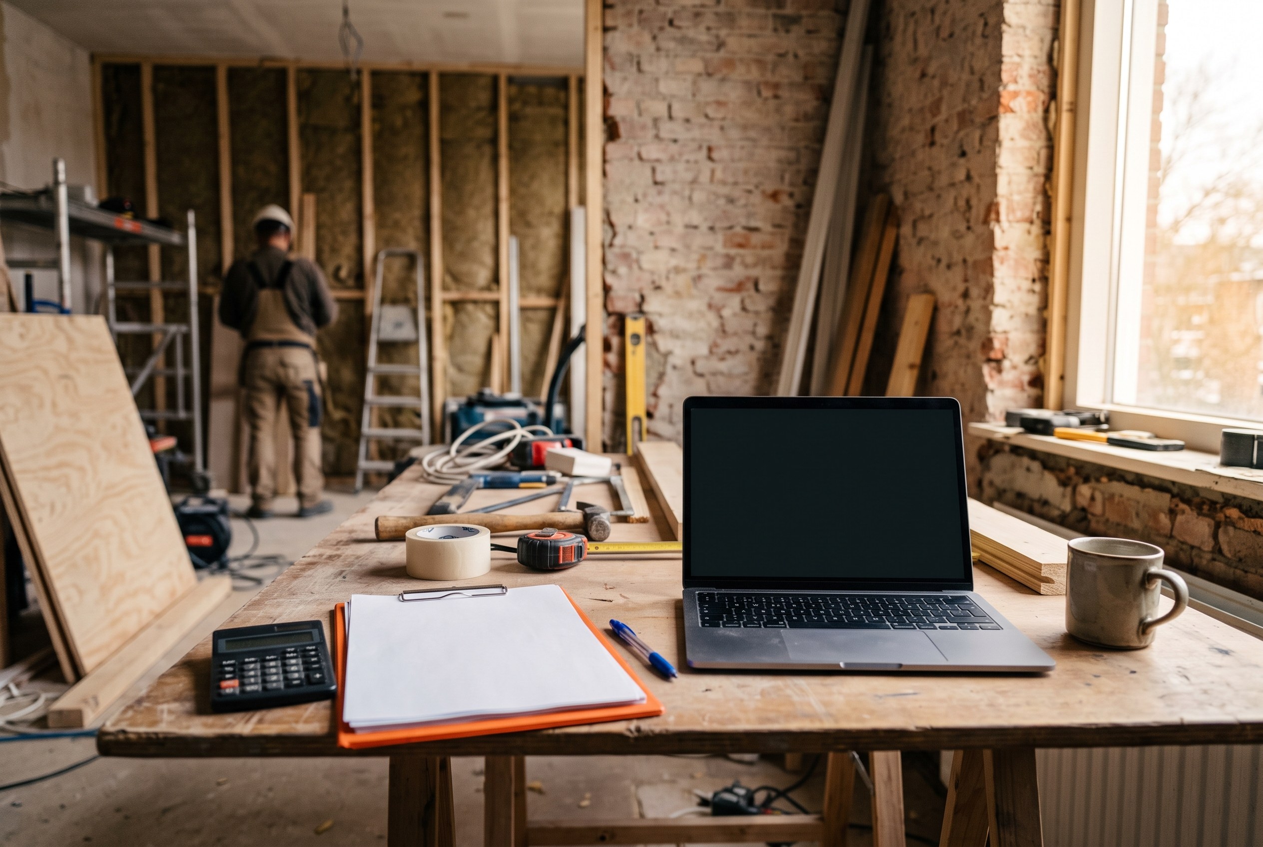 Werkbank op een Nederlandse bouwplaats met laptop, klembord, rekenmachine en gereedschap voor de administratie