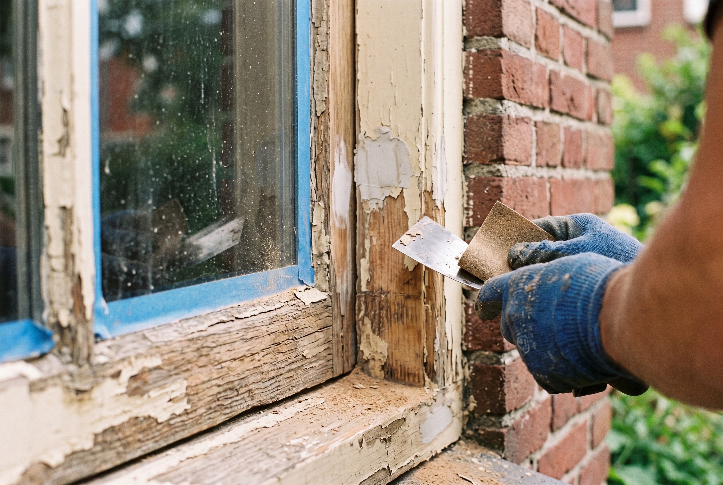 Oude verflaag wordt van een houten kozijn geschuurd en geschraapt tot op het kale hout als voorbereiding op het schilderen