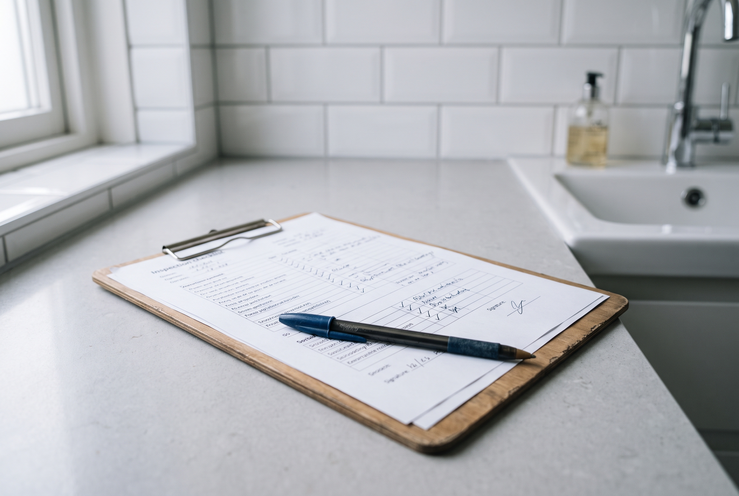 Opleverlijst met pen op het aanrechtblad van een pas verbouwde badkamer met fris wit tegelwerk