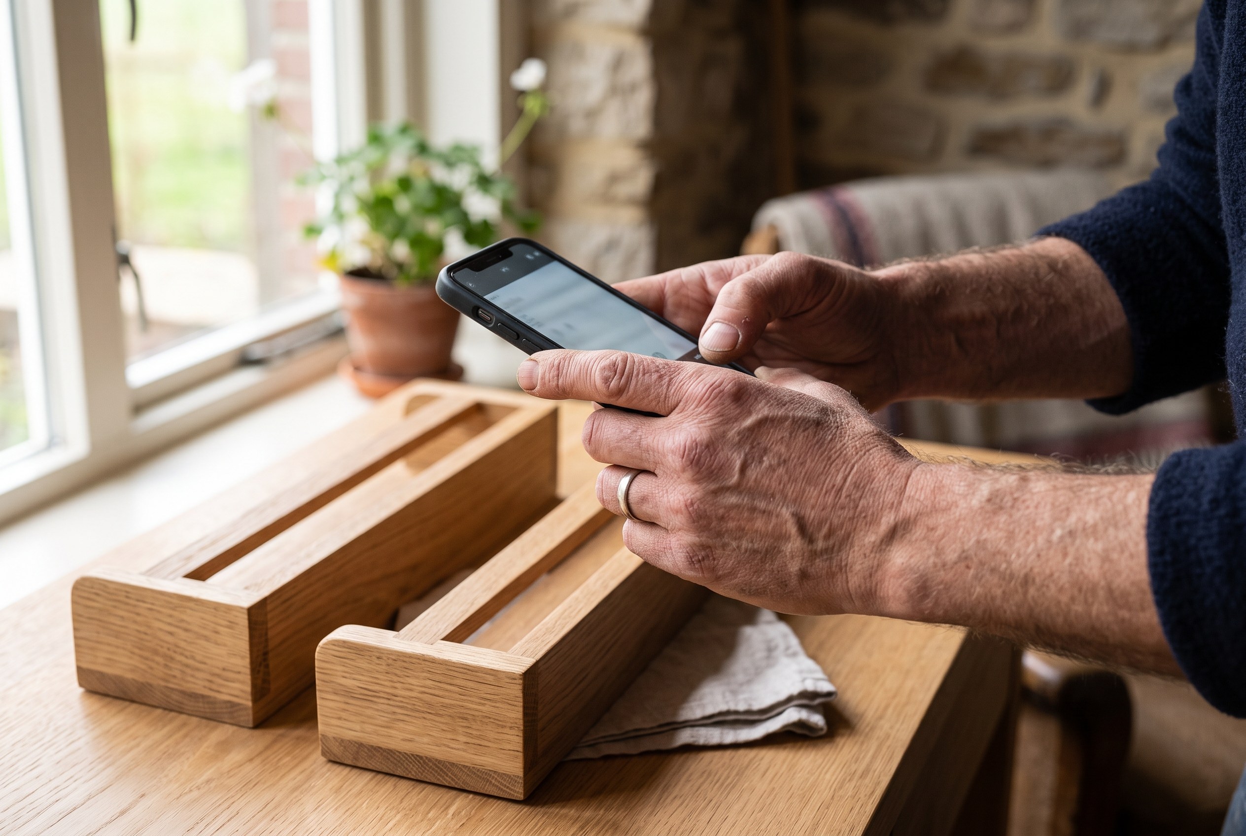 Vakman legt een afgeronde klus vast met zijn telefoon