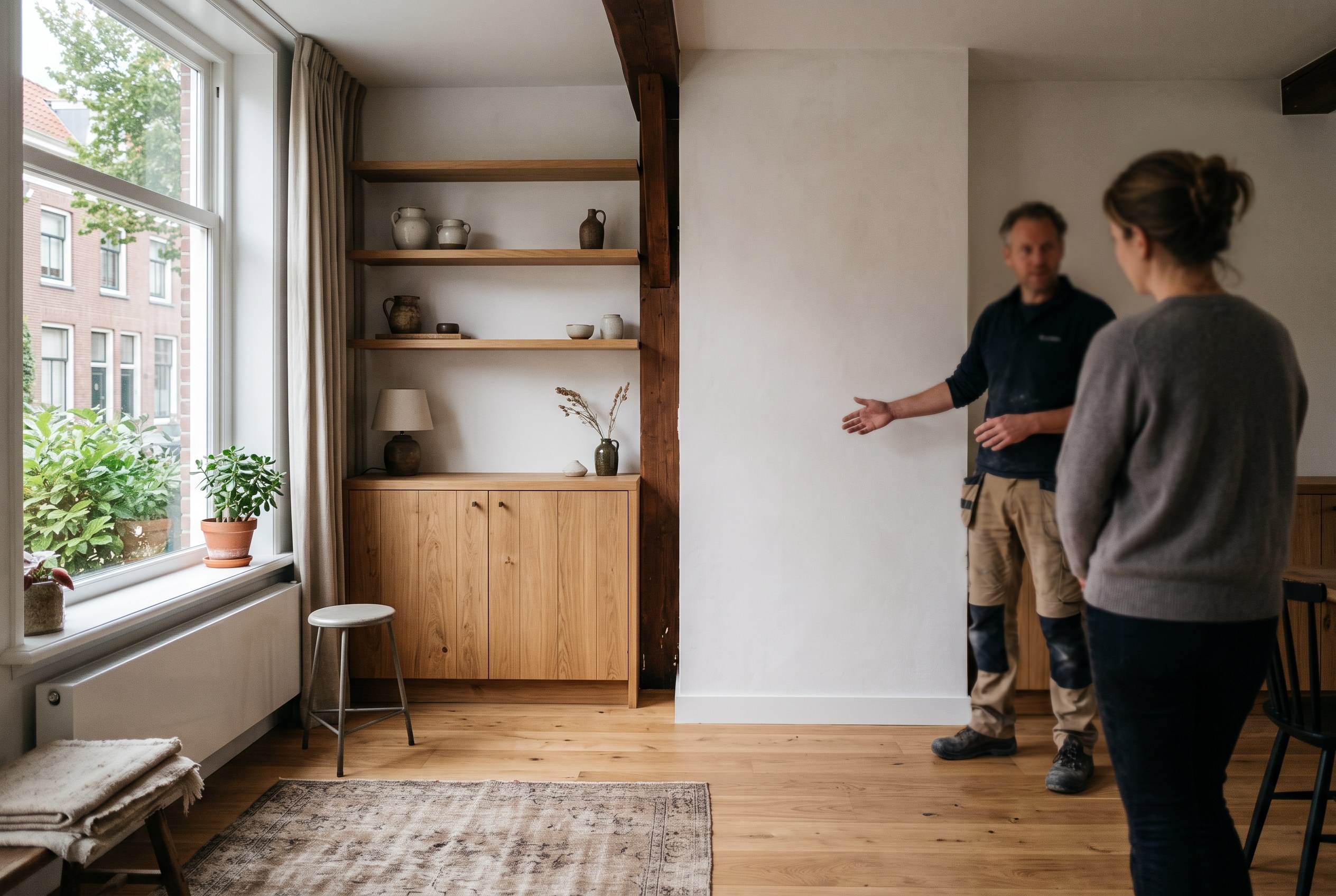 Tevreden klant en vakman bij een afgeronde klus in huis