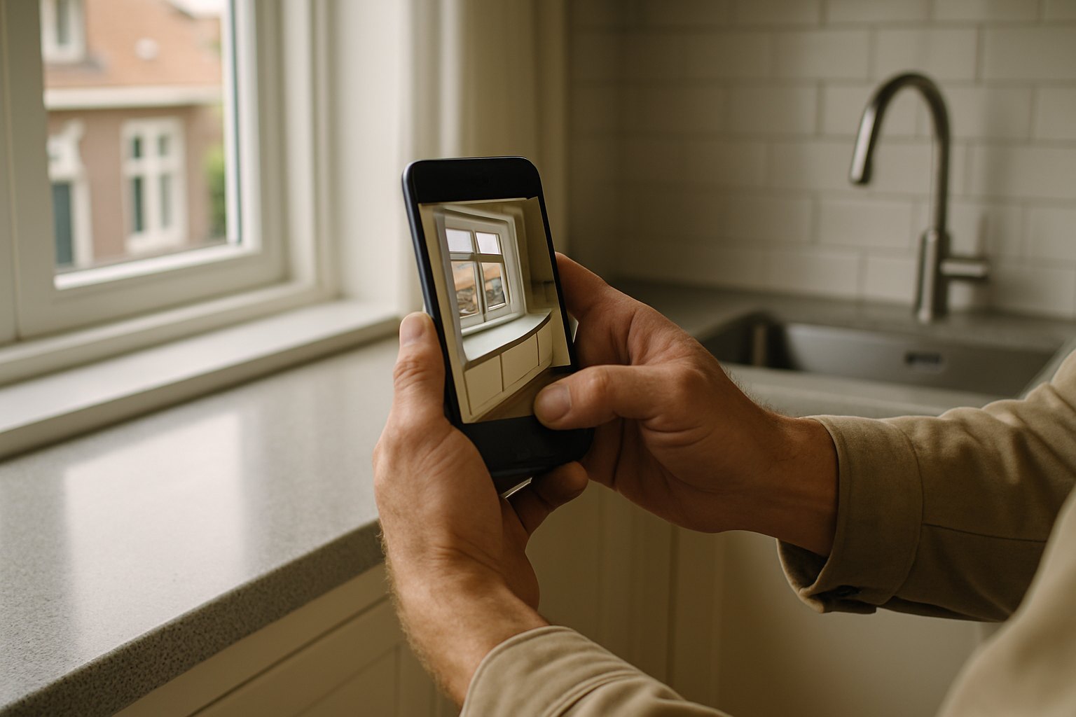 Vakman legt met zijn telefoon het afgewerkte werk vast in de keuken