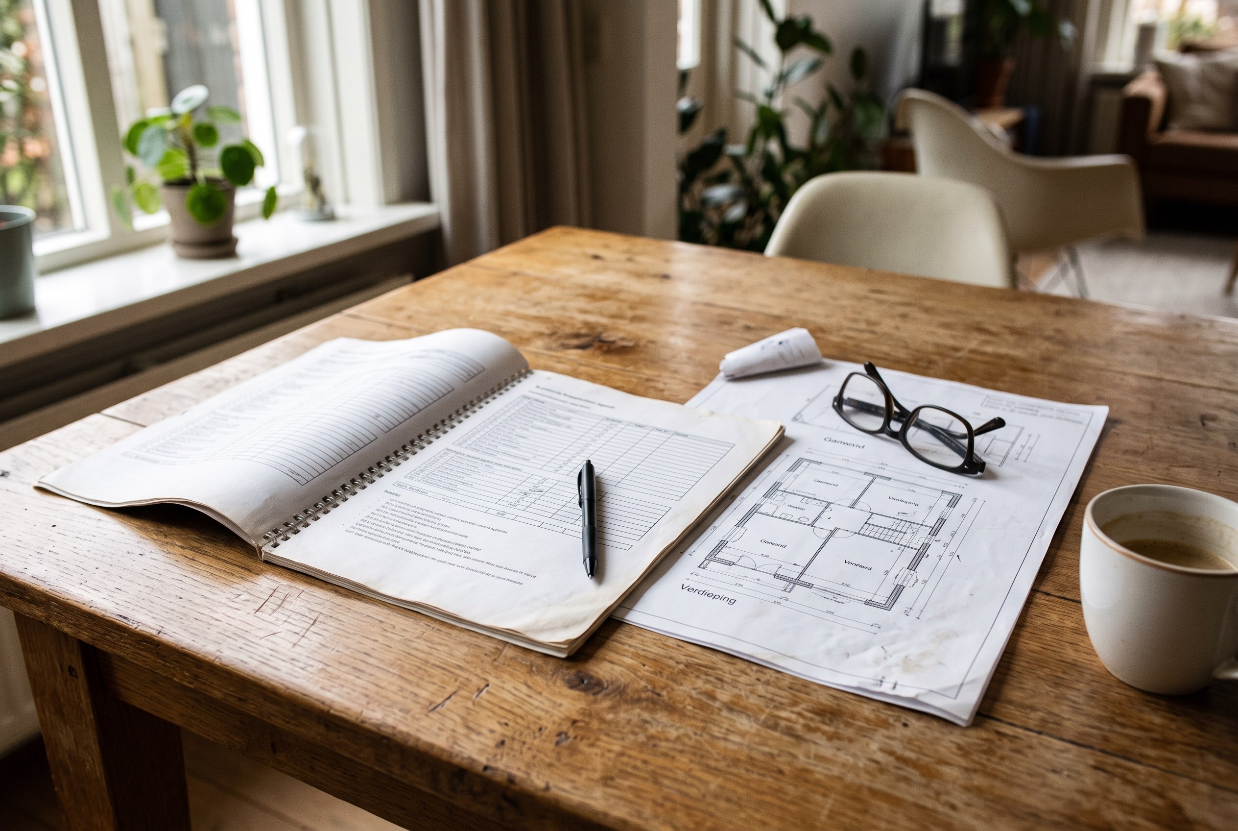 Bouwkundig keuringsrapport en een plattegrond opengeslagen op de eettafel tijdens de aankoop van een woning