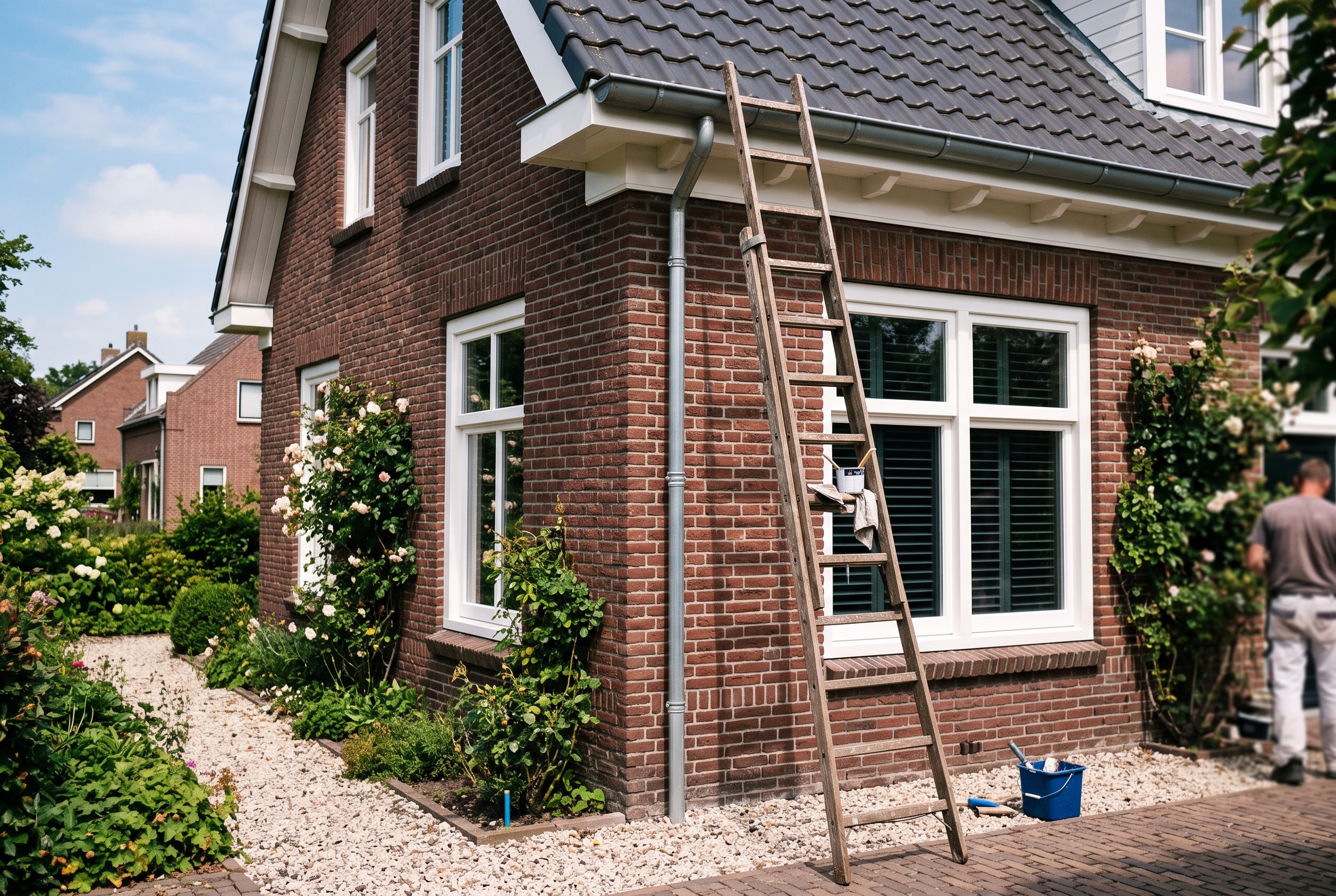 Buitenschilderwerk en dakonderhoud aan de gevel van een Nederlandse vrijstaande woning