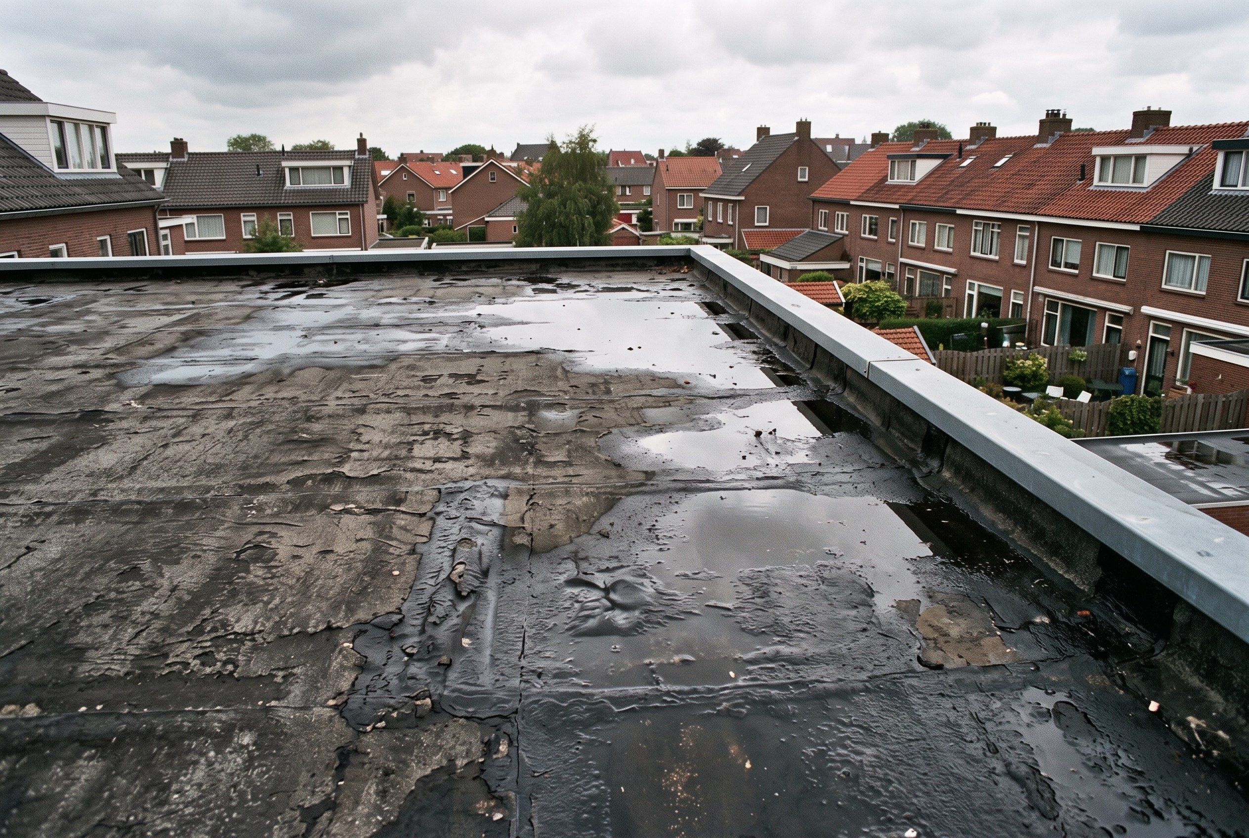 Plat dak met zwarte bitumen dakbedekking en wat plassen regenwater bij de rand