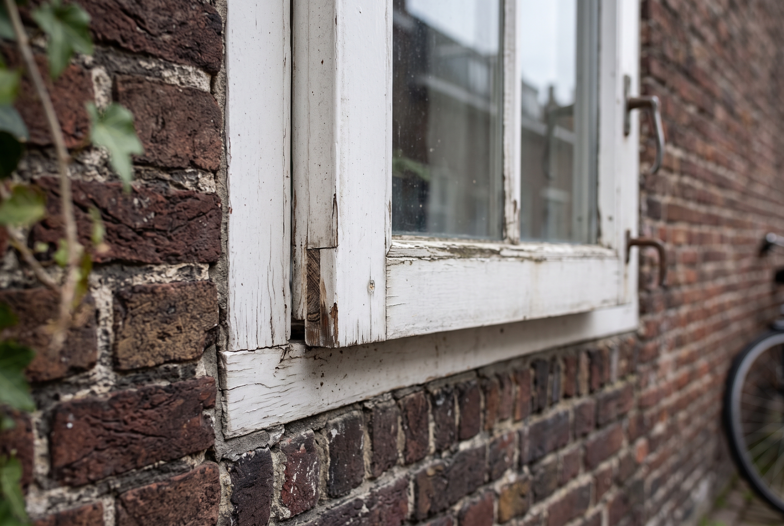 Verweerd wit geschilderd houten kozijn met haarscheuren en een aangetaste hoekverbinding