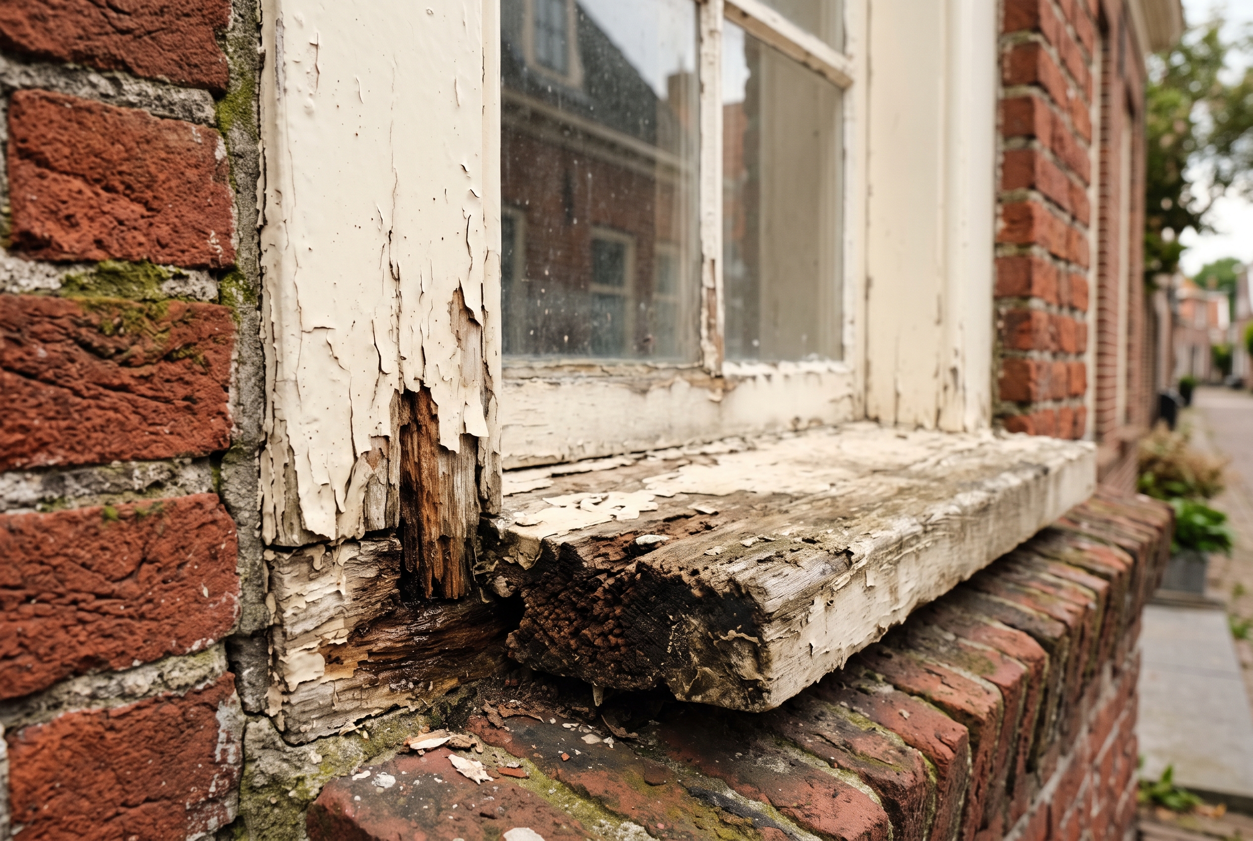 Verweerde onderdorpel van een houten kozijn met loslatende verf en zichtbare houtrot in de hoekverbinding