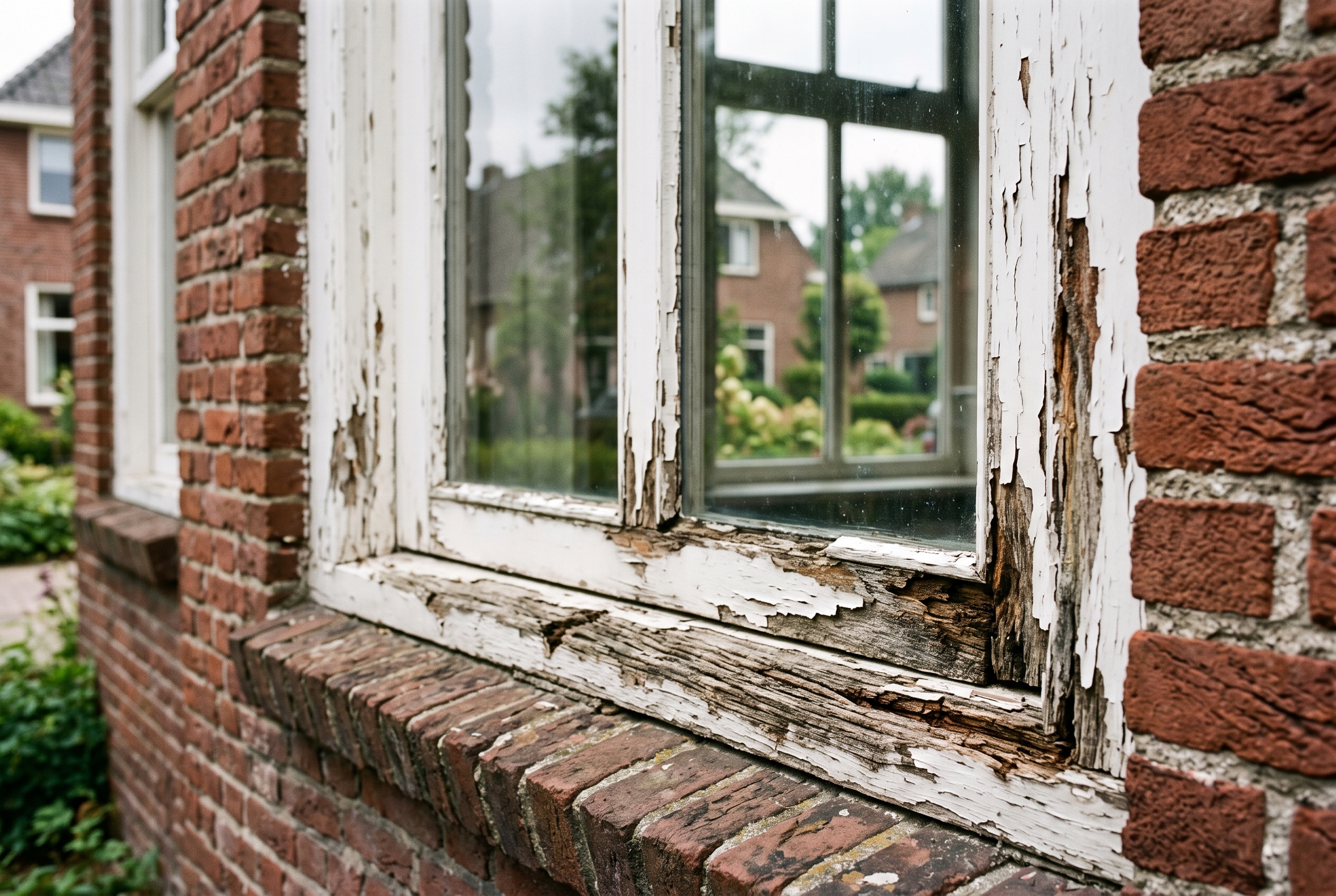 Verweerd houten kozijn met bladderende verf en beginnende houtrot op de onderdorpel van een Nederlandse woning