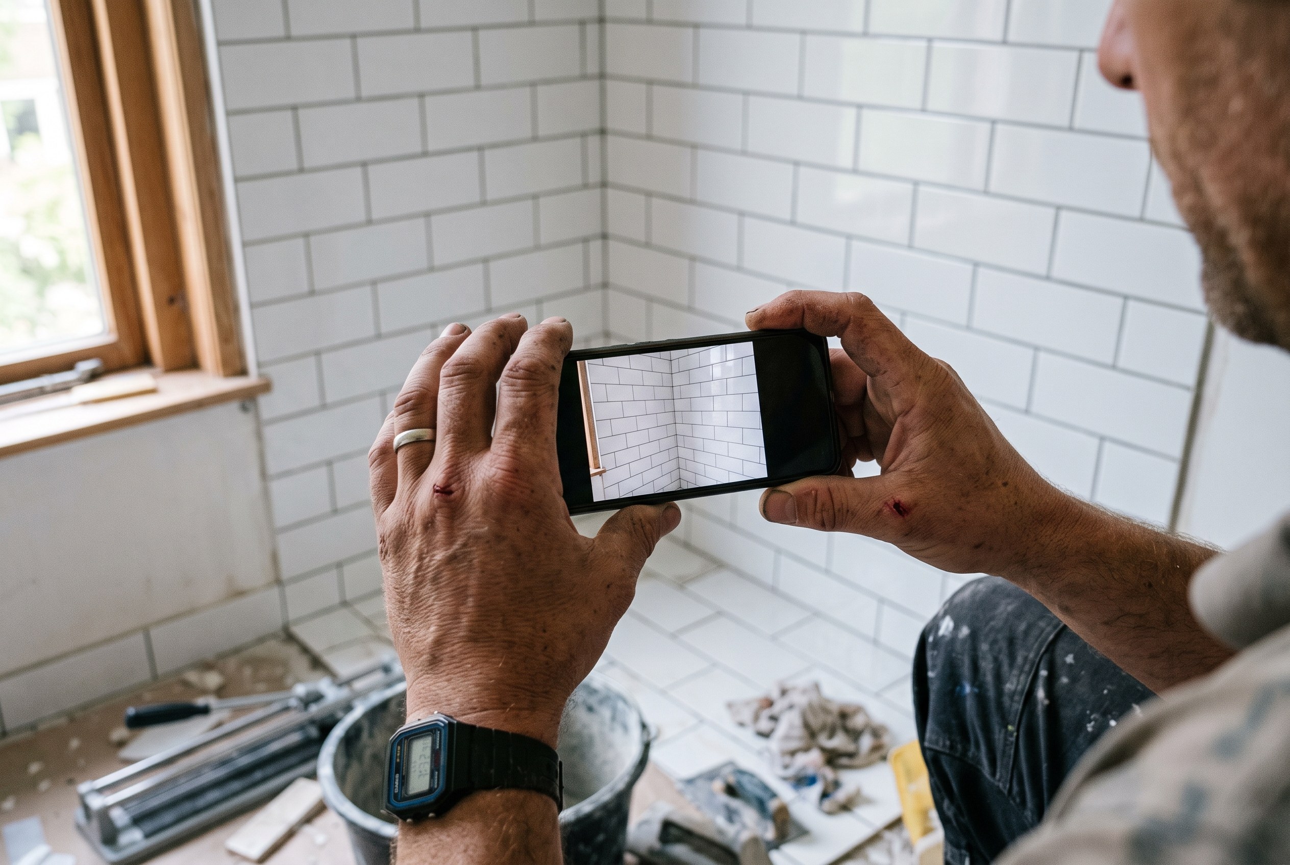 Vakman fotografeert het betegelde badkamerwerk met zijn telefoon voordat de afwerking erop gaat