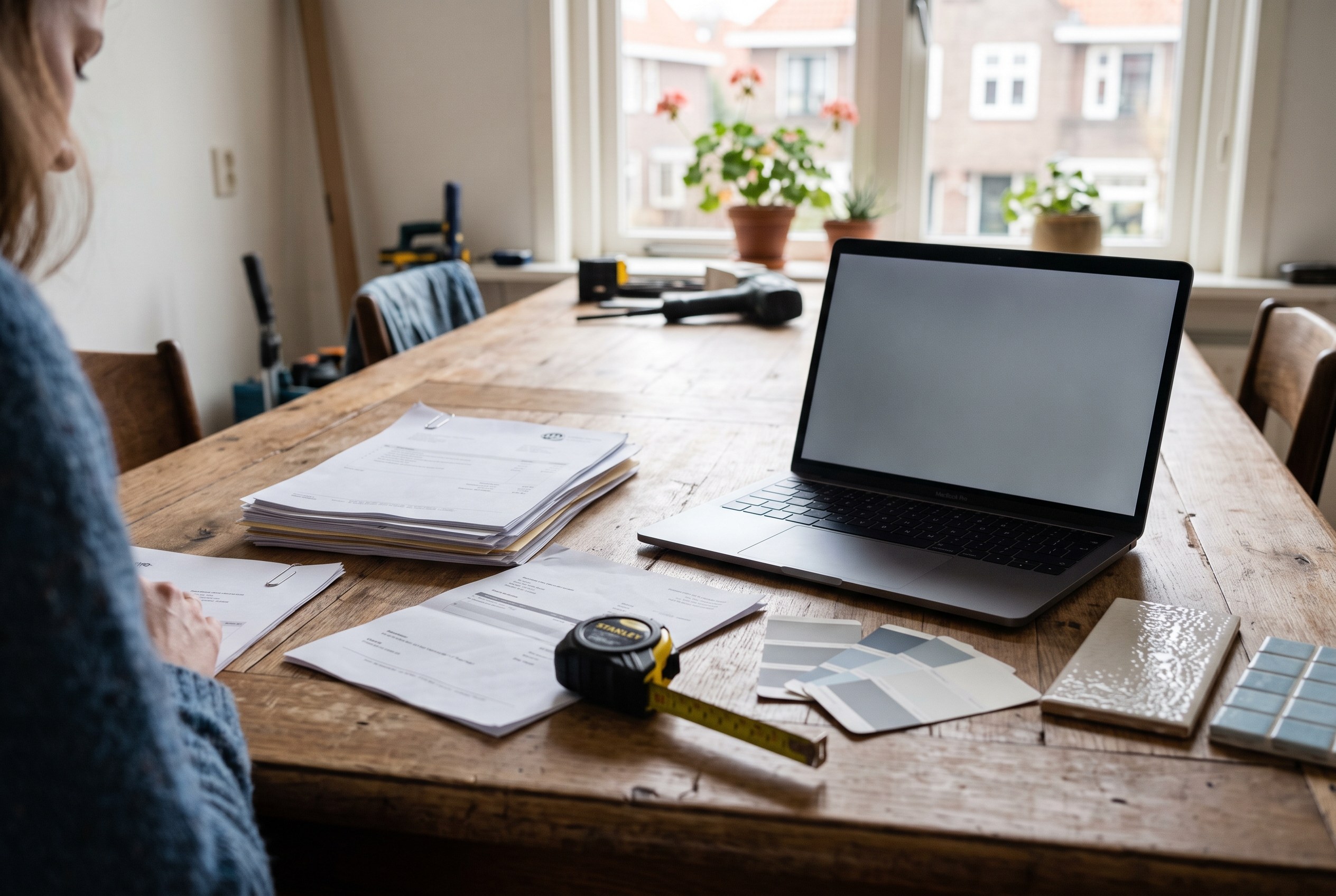 Verbouwingsfacturen, een kostenspecificatie en materiaalstalen overzichtelijk bij elkaar op tafel