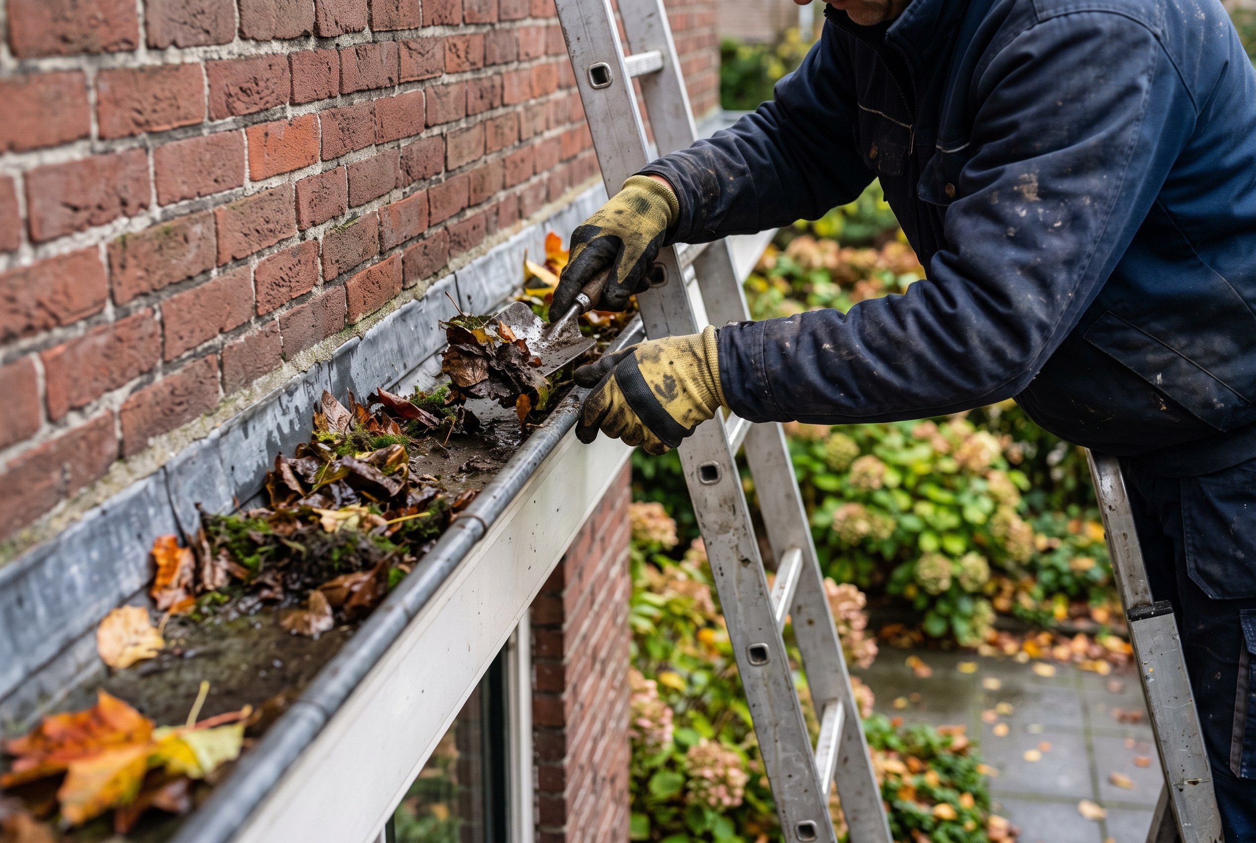 Dakgoot van een Nederlandse woning wordt in de herfst schoongemaakt