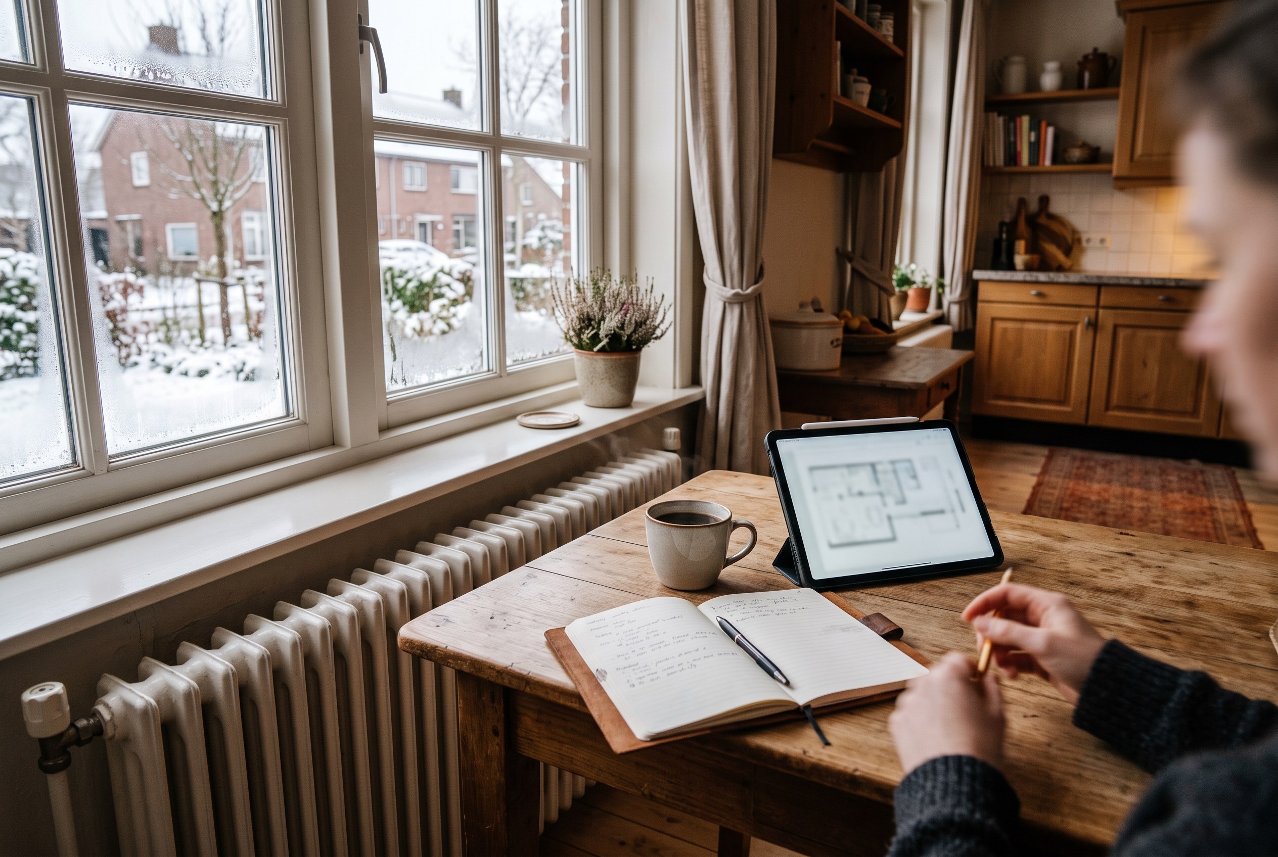Onderhoudsplanning voor de woning bijhouden aan de keukentafel in de winter