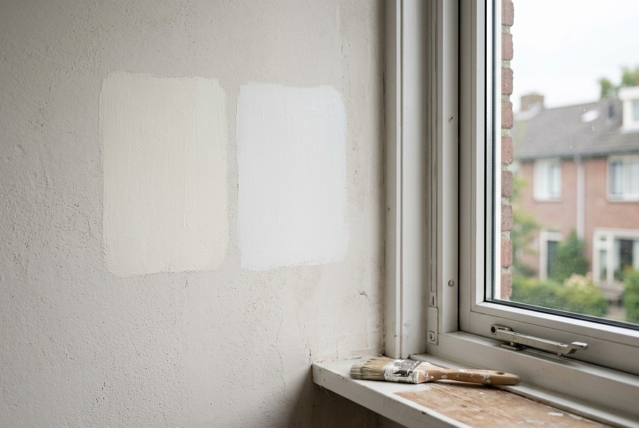 Twee witte muurvlakken naast elkaar in een Nederlandse woonkamer met daglicht, waarbij het verschil tussen warm en koel wit zichtbaar wordt