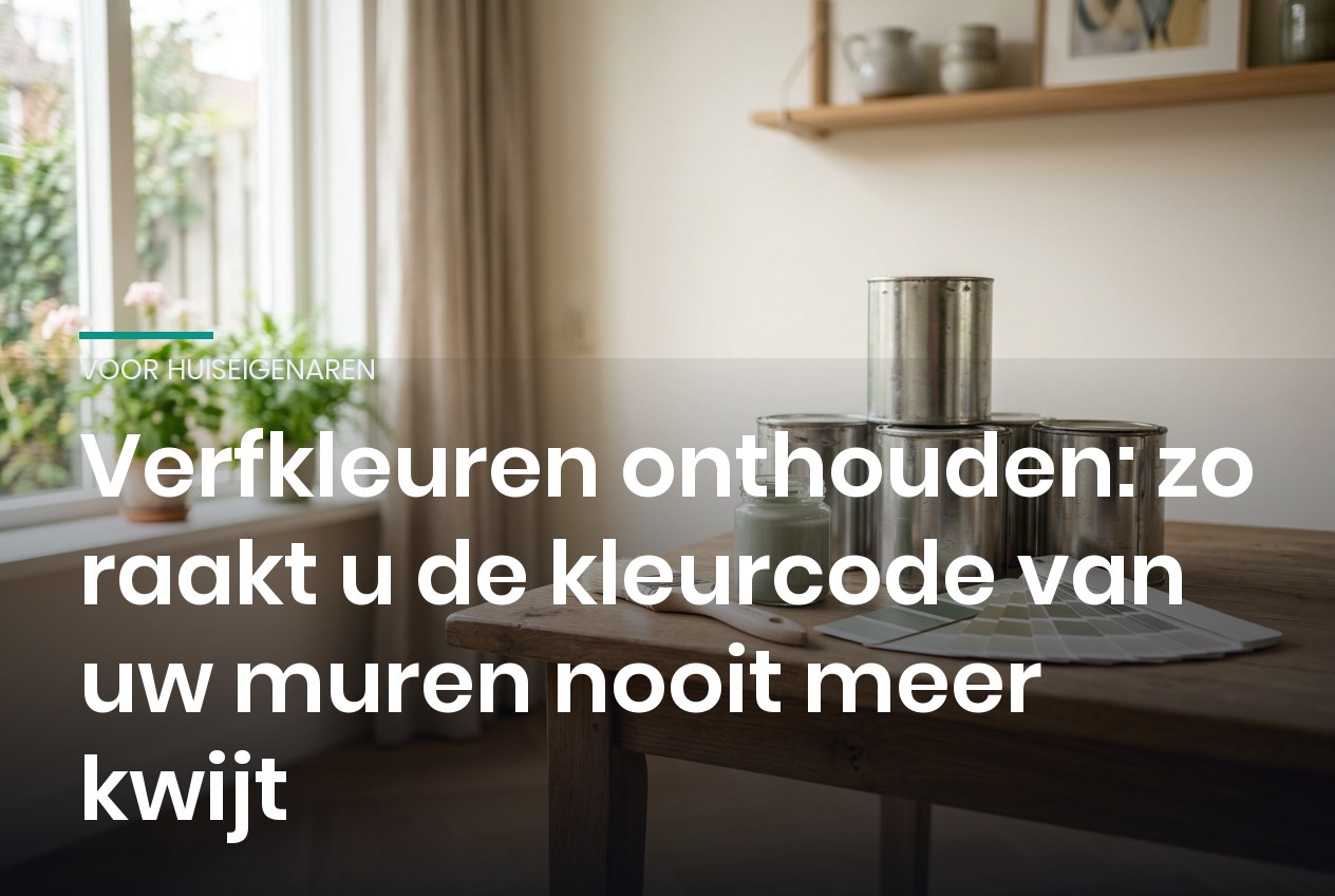 Verfblikken, een potje verf en een kleurenwaaier op een houten tafel in een Nederlandse woonkamer