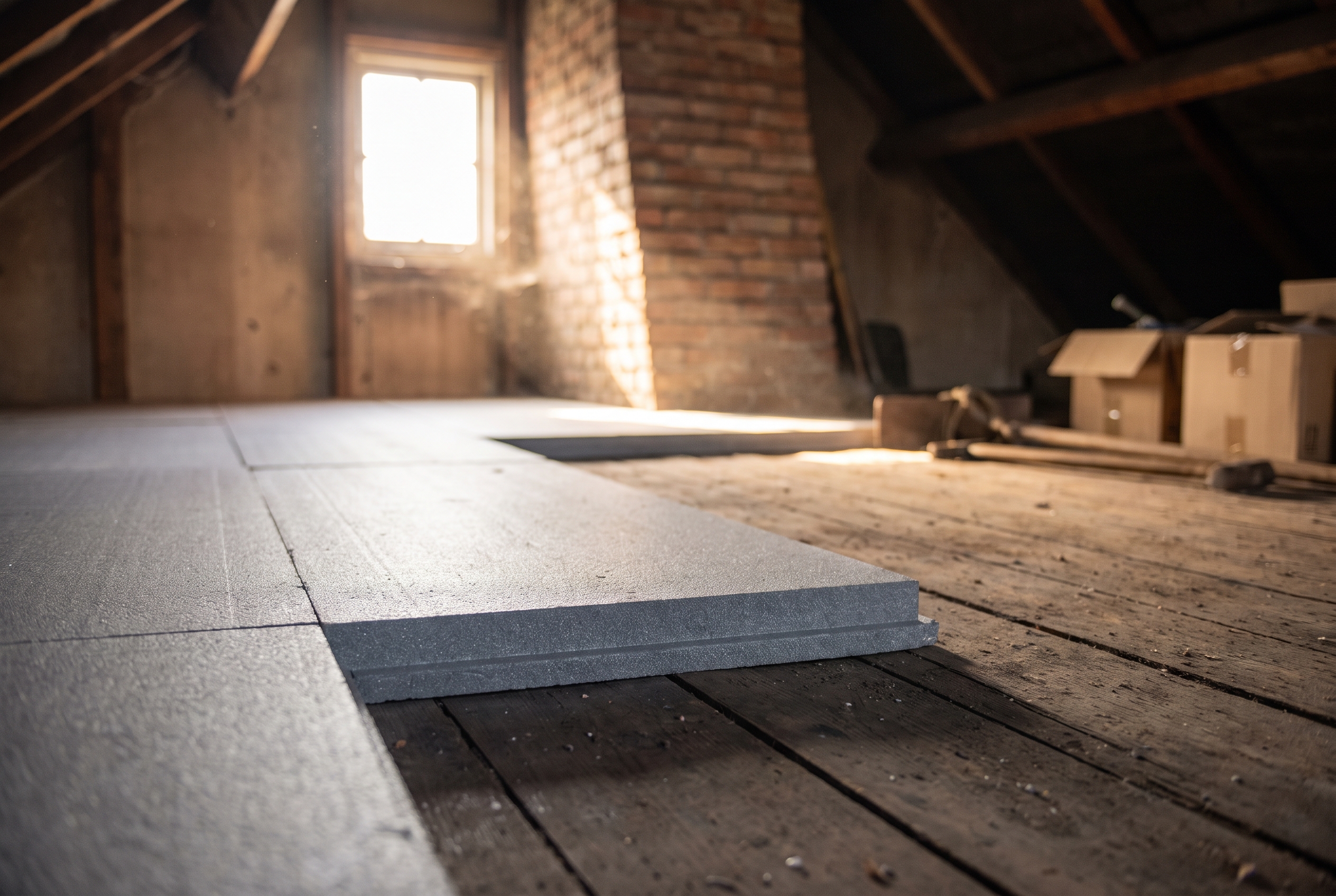 Isolatieplaten worden op de vloer van een onverwarmde bergzolder gelegd, naast verhuisdozen en een houten zolderluik
