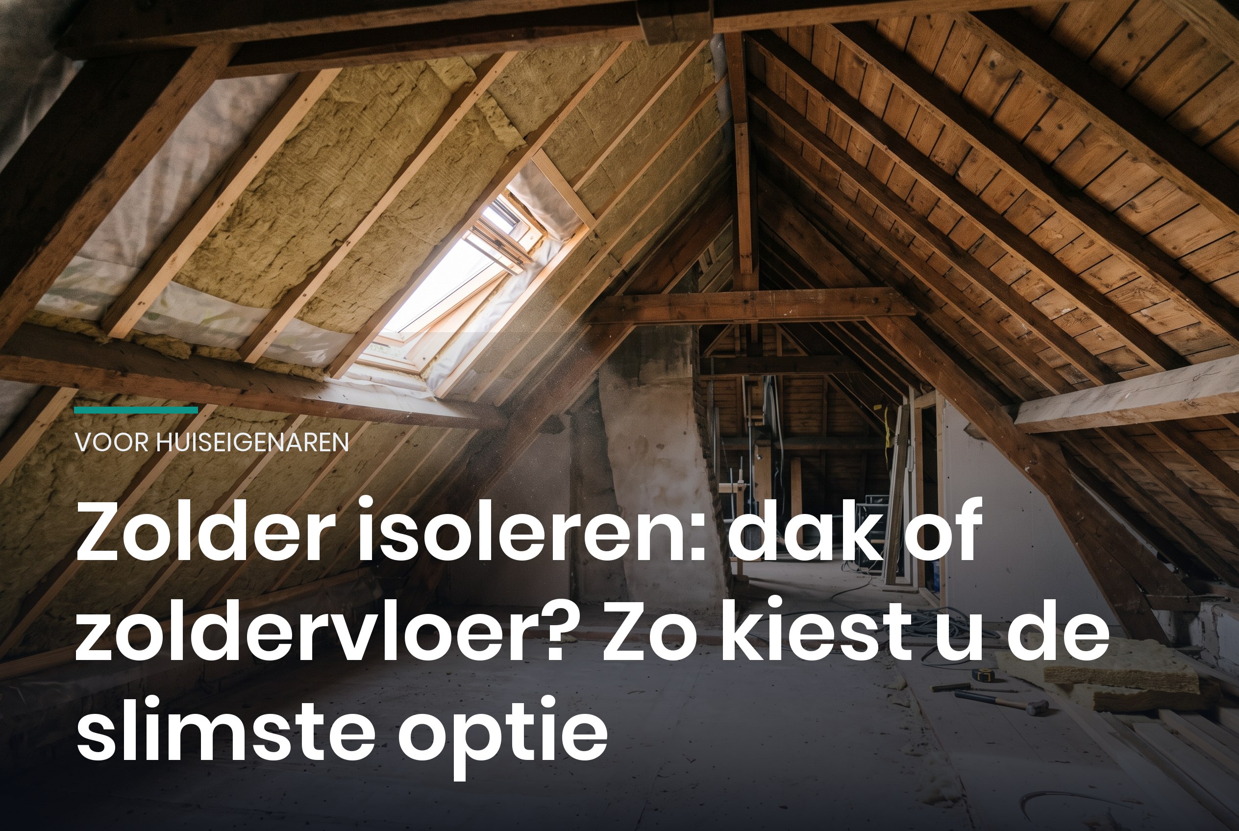 Zolder waar aan één kant van het schuine dak al isolatiemateriaal tussen de balken zit en de andere kant nog kaal dakbeschot toont