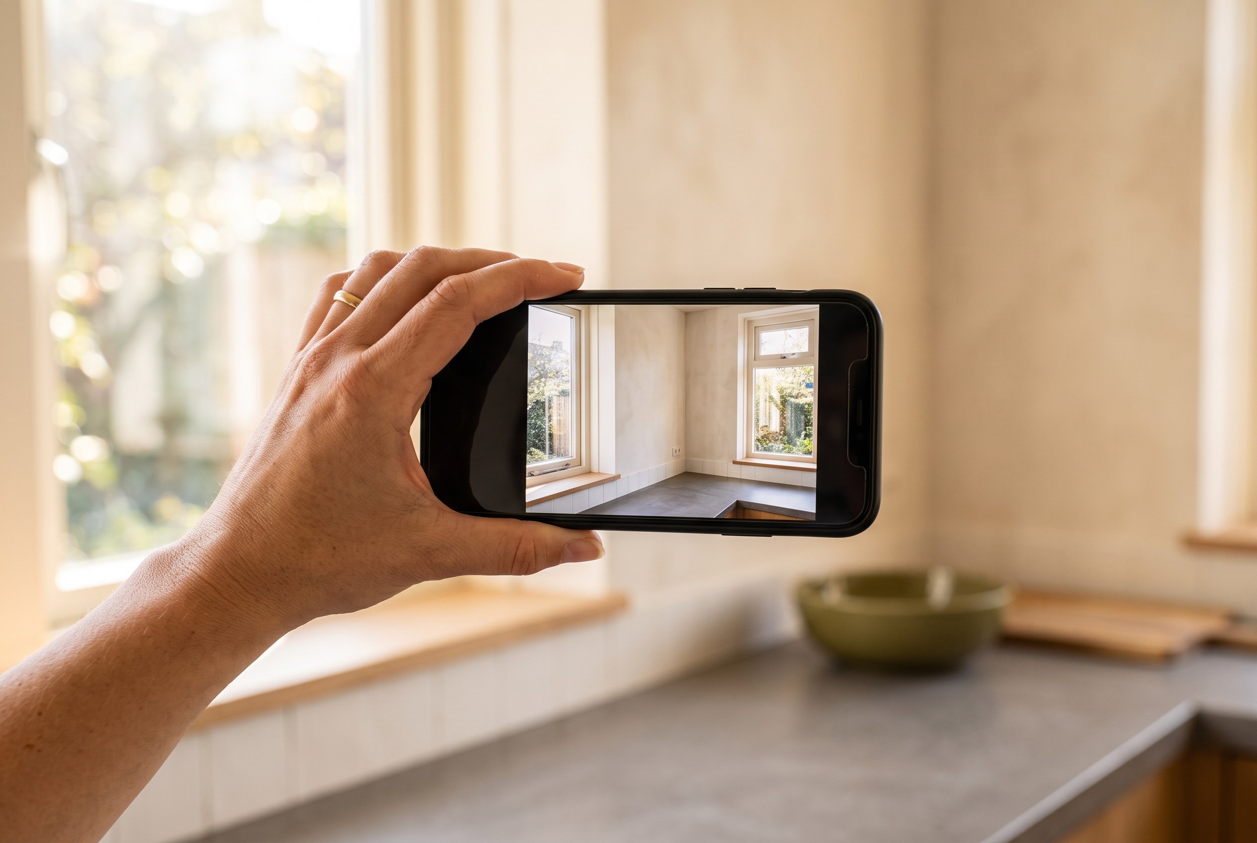 Zzp'er in de bouw legt na de klus zijn werk vast met zijn telefoon in een Nederlandse woning